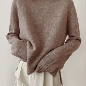 Jennni Kayne Everyday Sweater Side Slit Oversized Cashmere Wool Blend Taupe XS